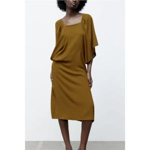 Zara Women's Midi Dress Size Medium NEW Olive Khaki Voluminous Sleeve Dress